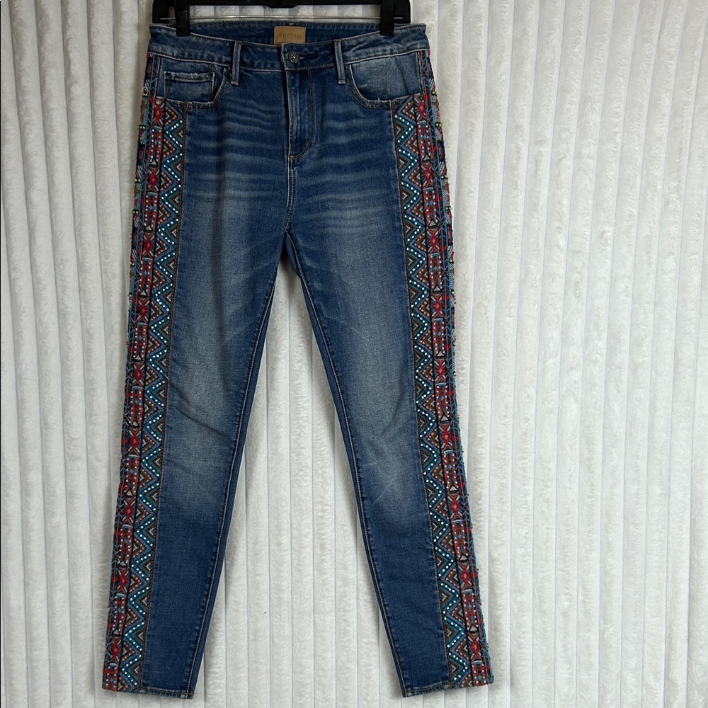Driftwood Jackie Beaded geometric Aztec embroidered side panel skinny jeans 28